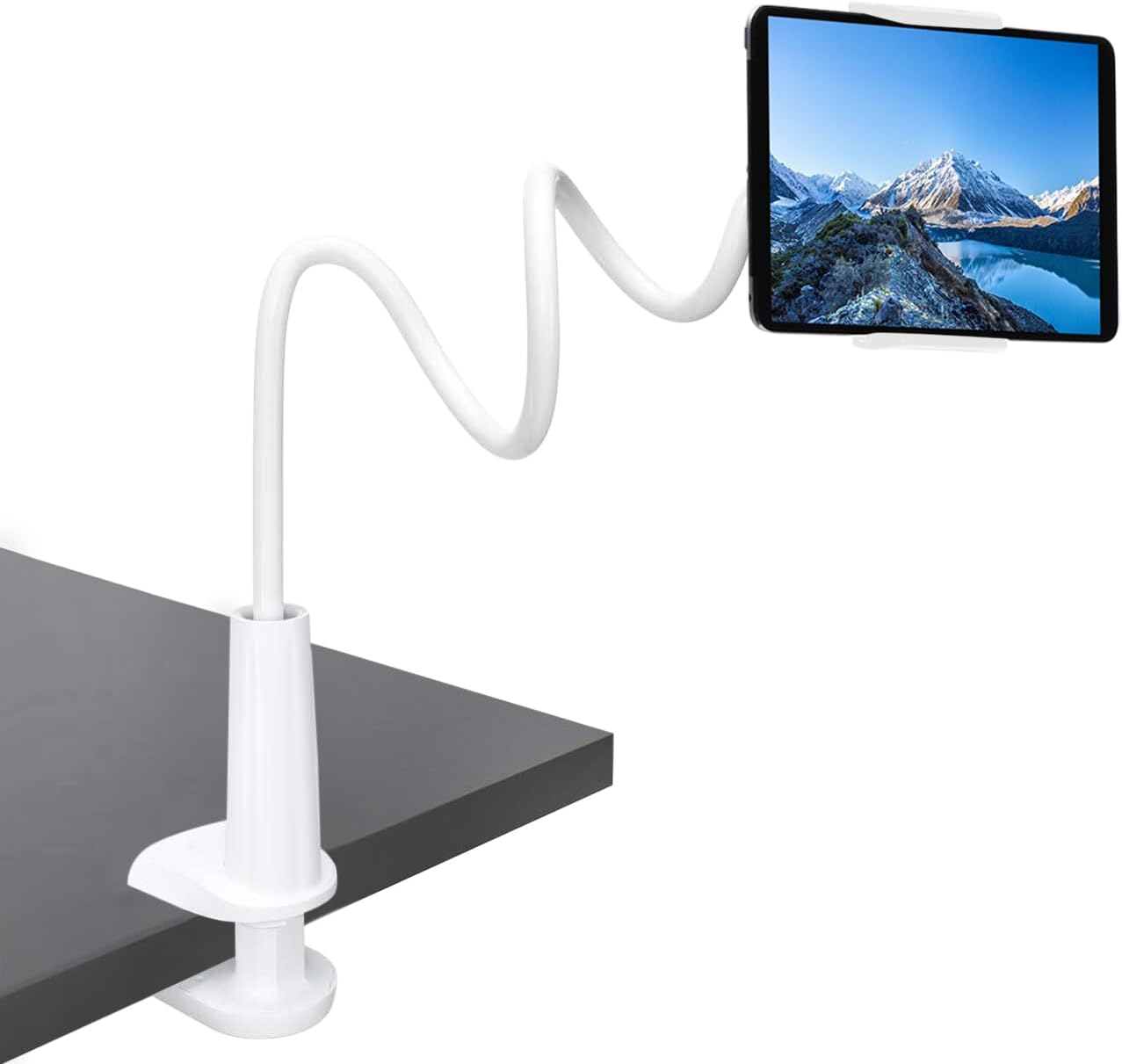 White CLM-Tech gooseneck tablet holder with clamp base and spring cradle holding a tablet