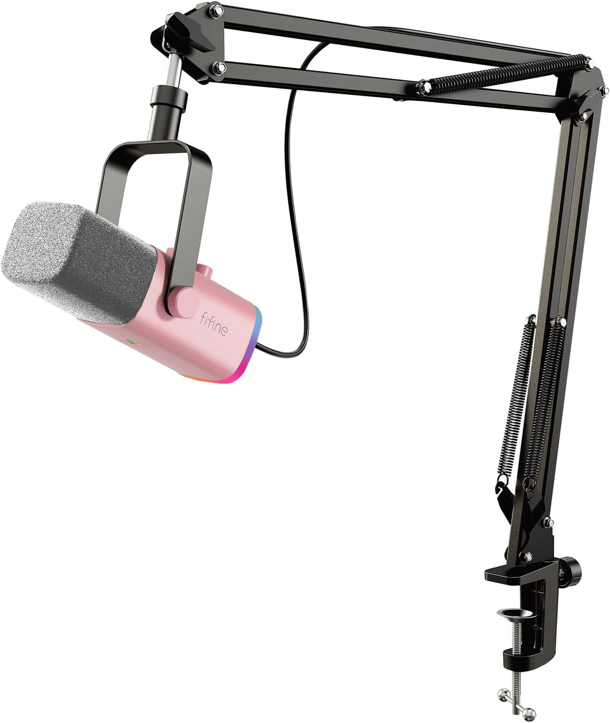 FIFINE pink USB and XLR streaming microphone with a pop filter mounted on a black boom arm