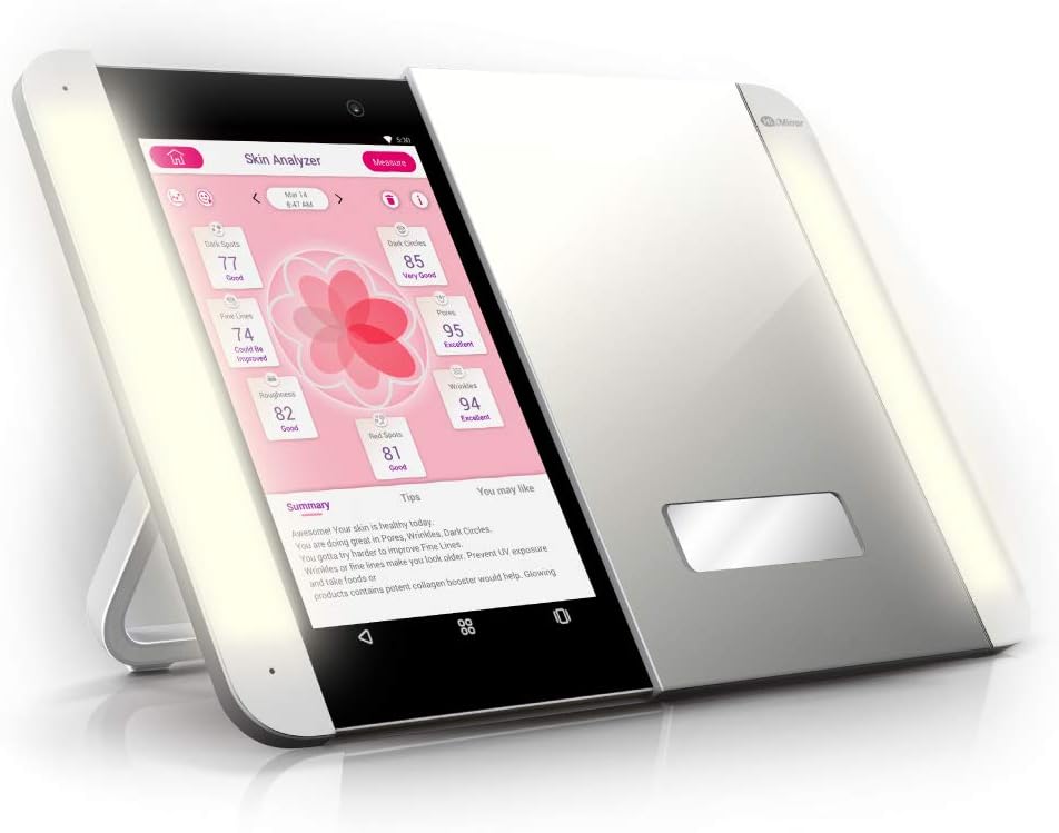 HiMirror Slide smart mirror with its sliding Skin Analyzer screen showing skin scores