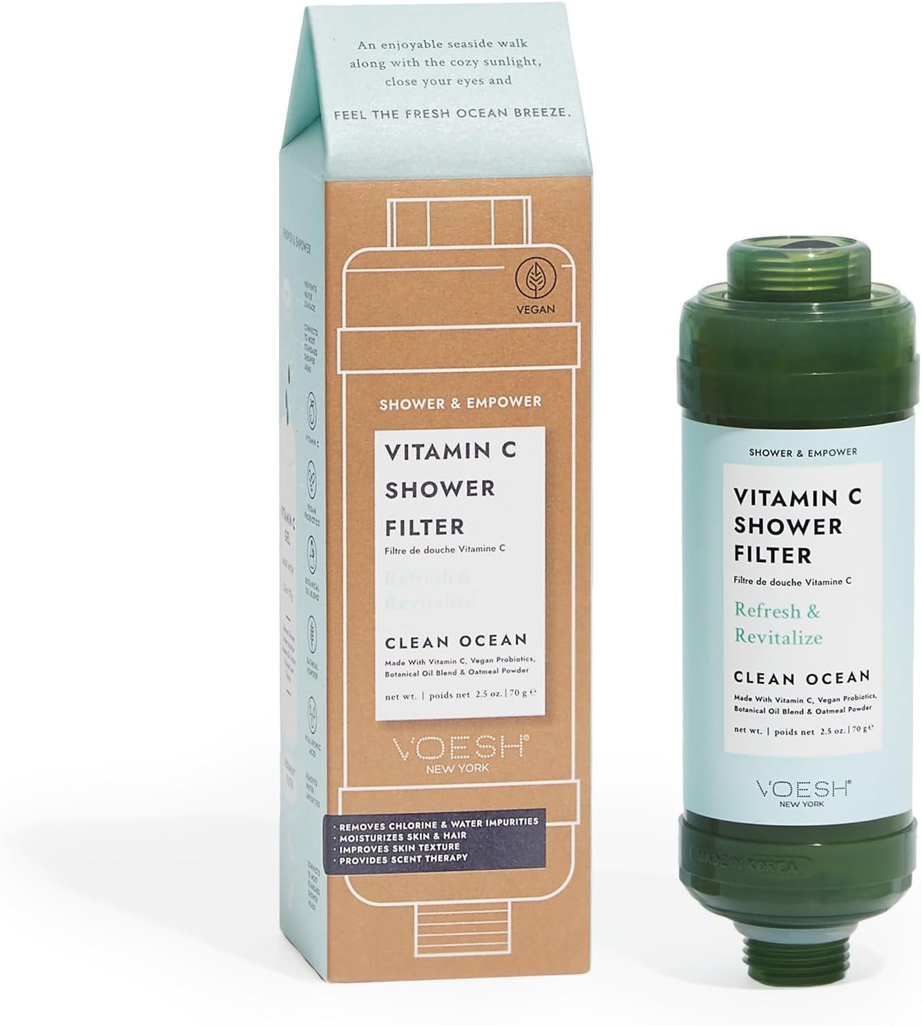 VOESH Clean Ocean shower filter cartridge next to its kraft and mint carton