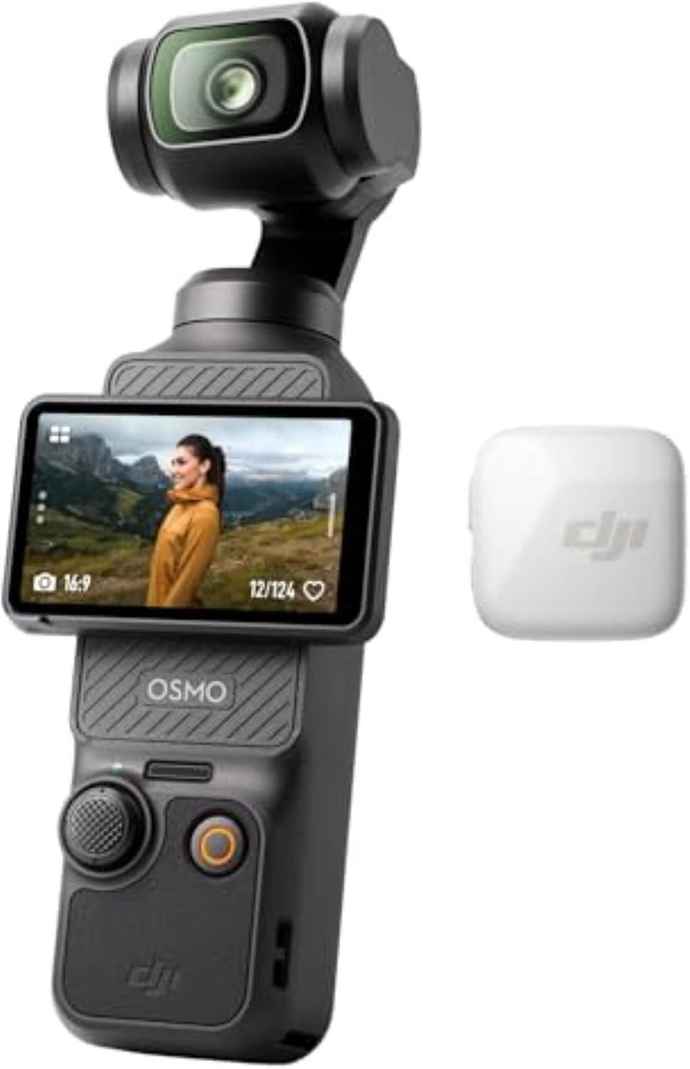 DJI Osmo Pocket 3 gimbal camera product listing photo next to the kit contents