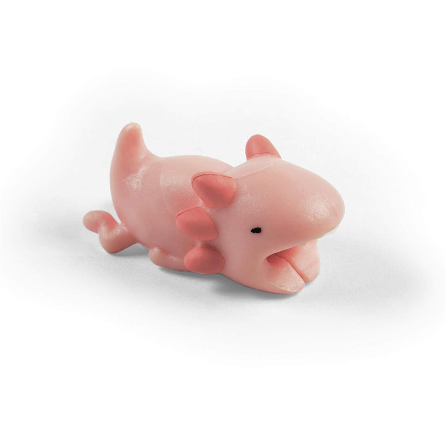 Pink axolotl shaped cable protector charm gripping a charging cable