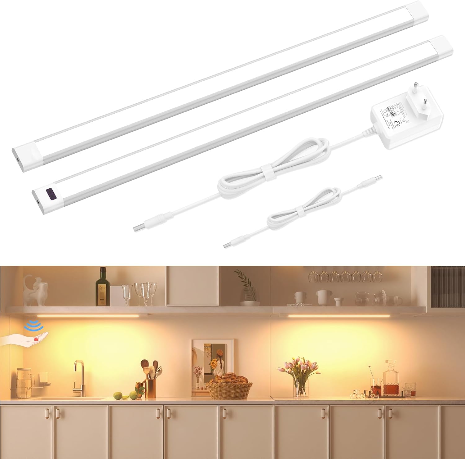 Two white 40 cm LED light bars with a plug-in adapter and a hand-wave sensor