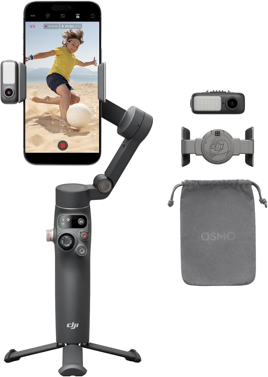DJI Osmo Mobile 7P kit: gimbal with smartphone, Multifunction Module, magnetic clamp, and OSMO pouch