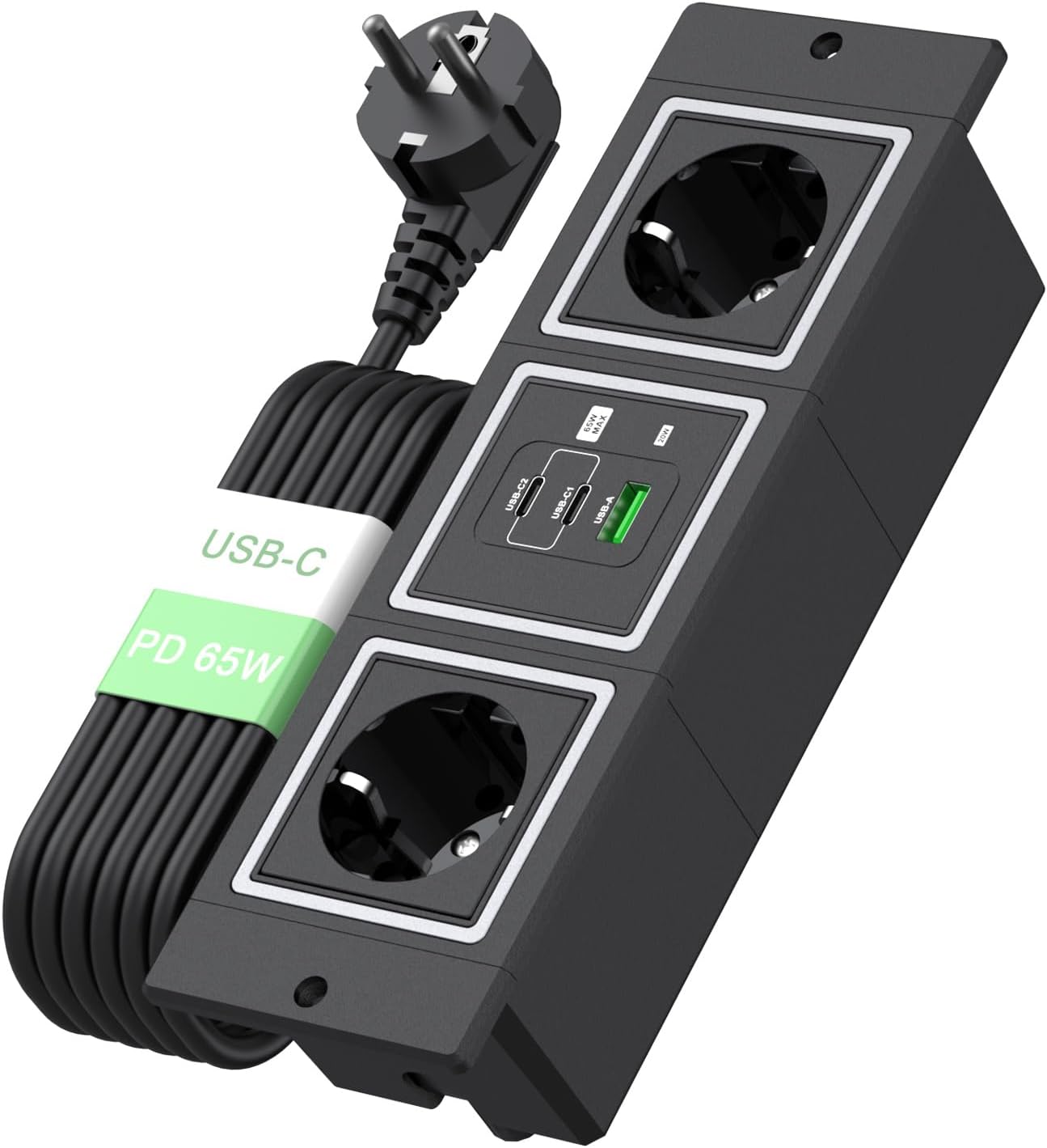 BQO recessed power strip, black flush-mount charging panel with two sockets plus USB-C and USB-A ports