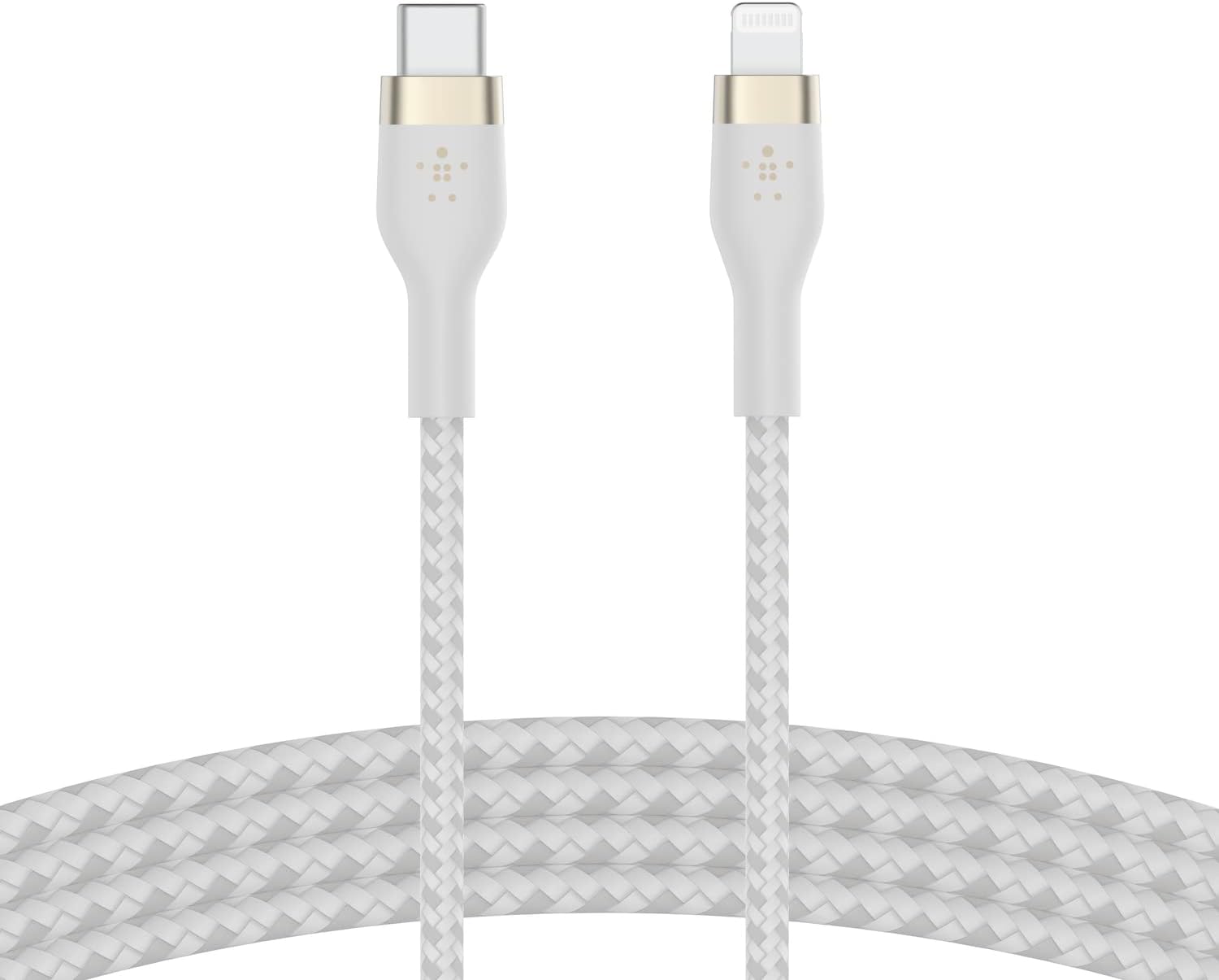 White braided Belkin USB-C to Lightning charging cable with a compact connector head