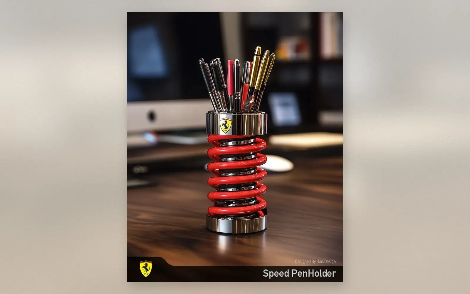 Ferrari shock absorber pen holder with red coil spring and chrome cup full of pens on a wooden desk