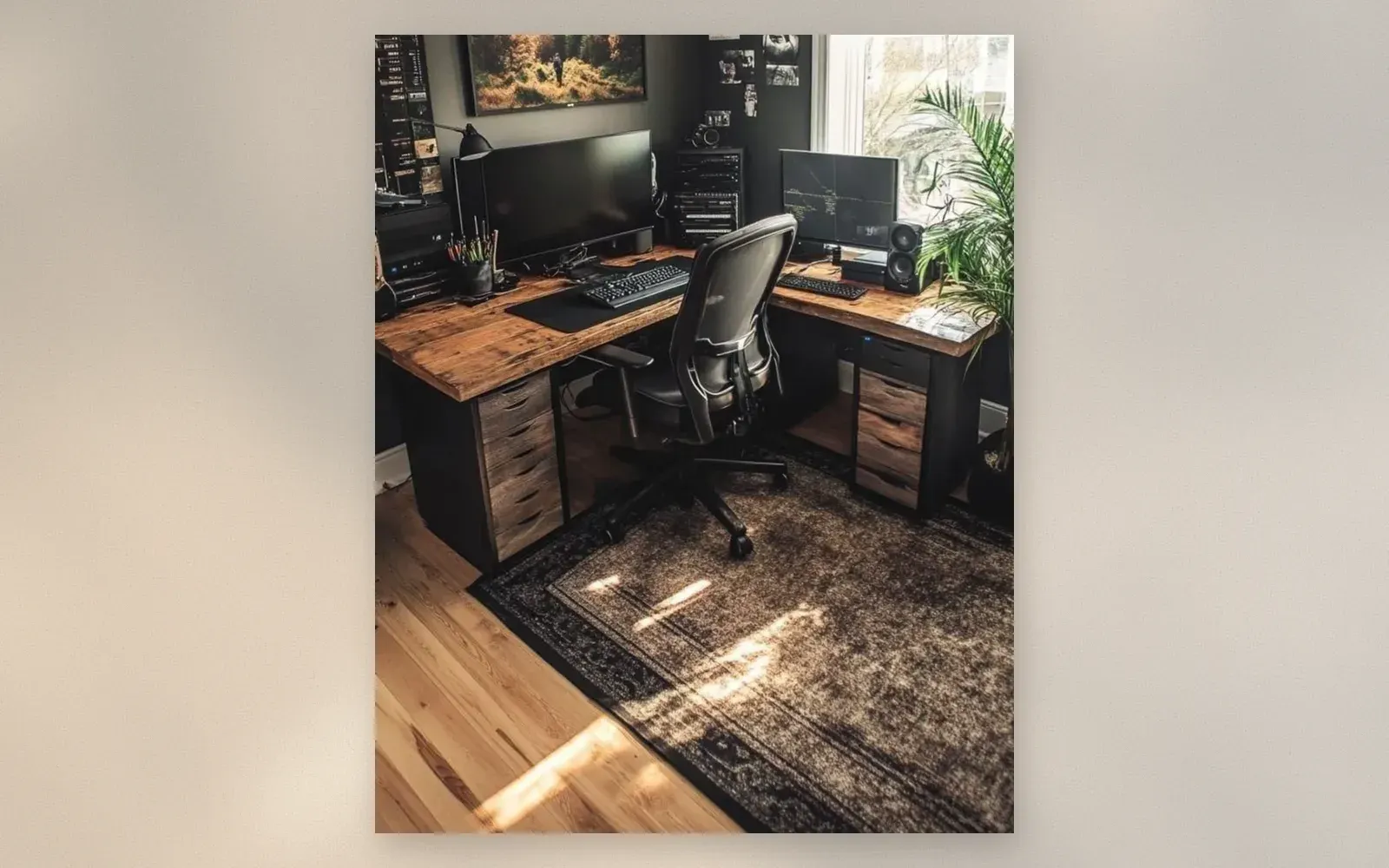 Dark home office with L-shaped live-edge wood desk, dual monitors, mesh chair, and warm lamp light on charcoal walls