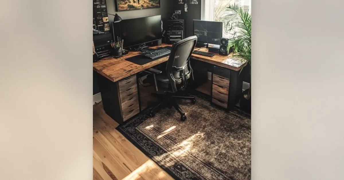 Dunkles Home Office mit L-förmigem Live-Edge Holztisch, Dual-Monitoren, Netzstuhl und warmem Lampenlicht