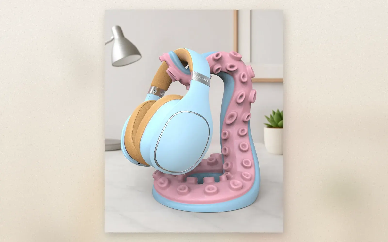 Pastel pink and blue octopus tentacle headphone stand holding blue over-ear headphones on a white desk