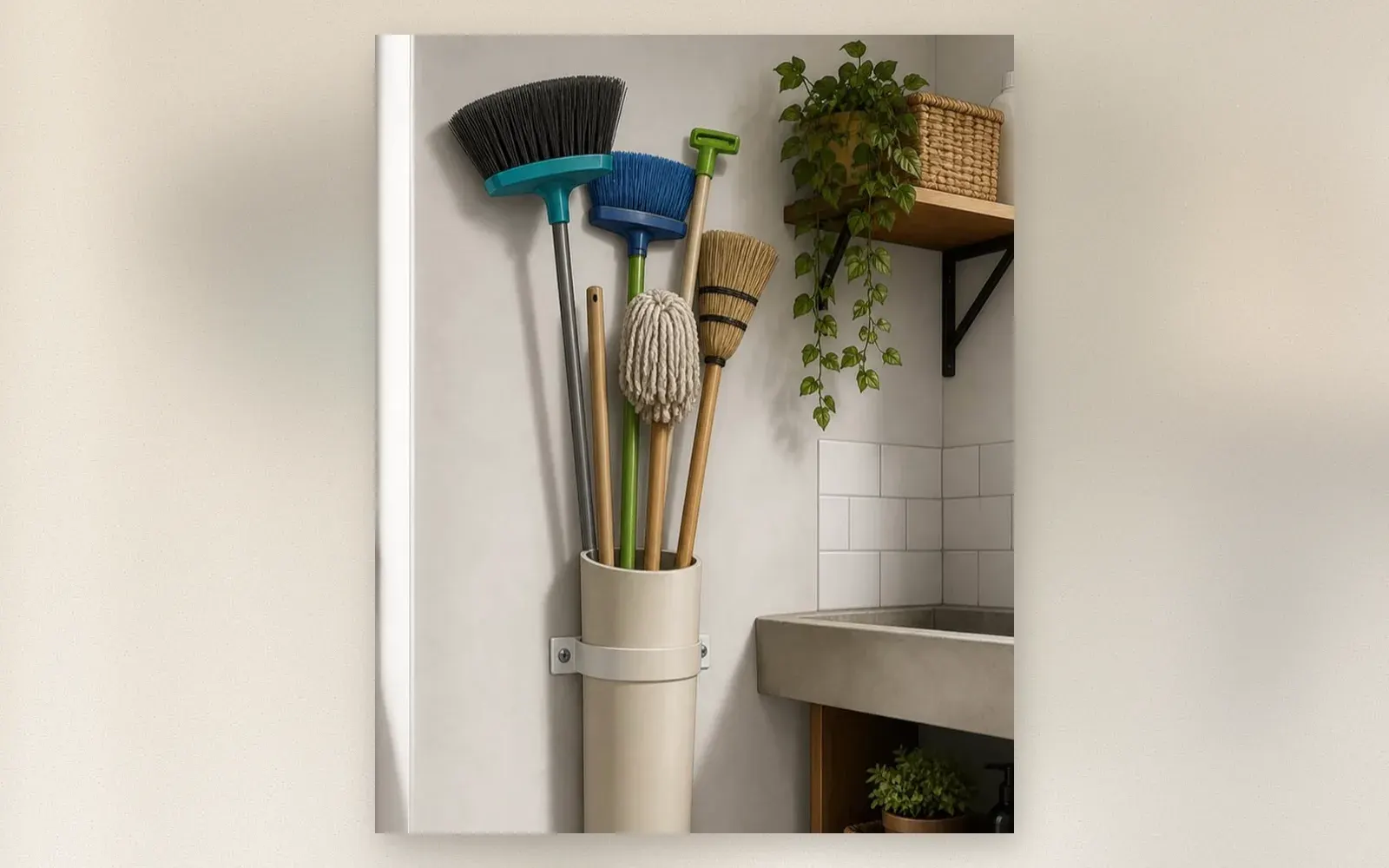 Wall-mounted cylindrical broom holder holding cleaning tools upright