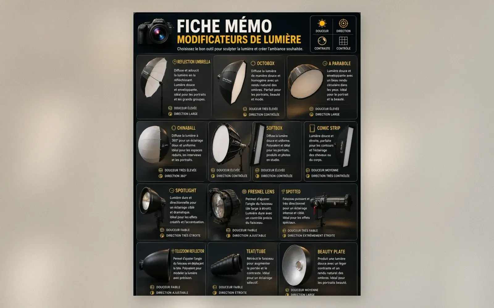 Light modifiers cheat sheet comparing 12 modifiers from soft chinaball to hard snoot