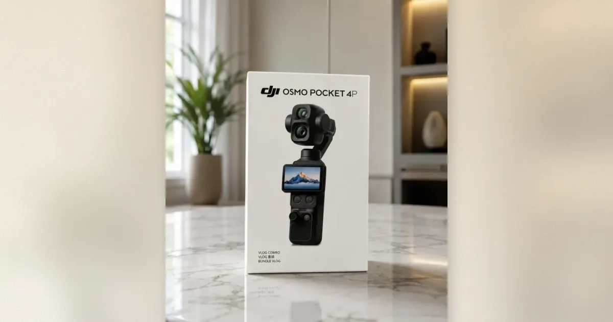 DJI Osmo Pocket 4P Vlog-Combo Verpackung auf Marmortisch mit modernem Hintergrund