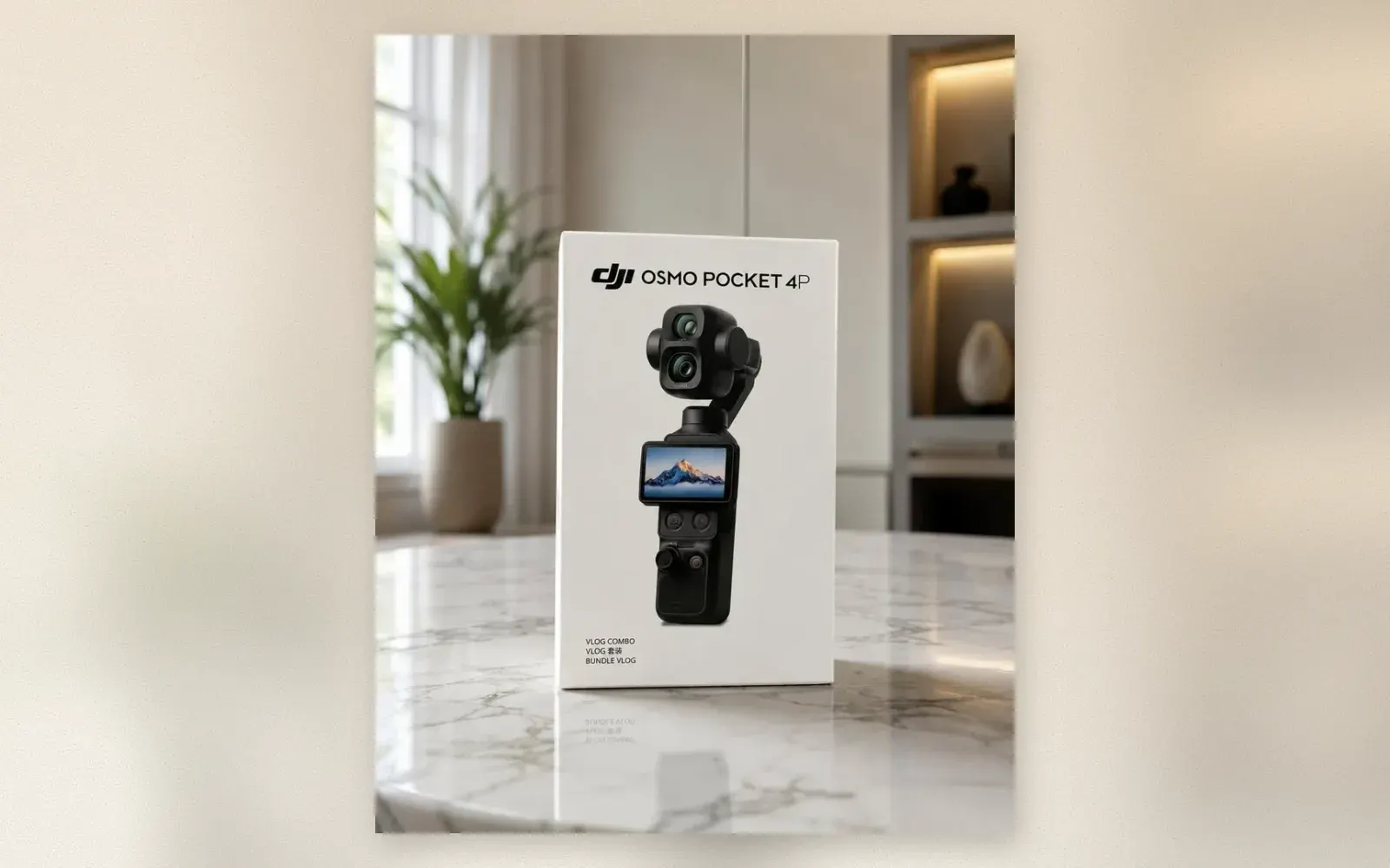 DJI Osmo Pocket 4P vlog combo box on marble table with modern interior background