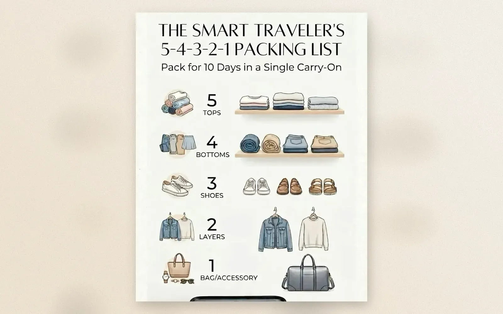 Smart traveler 5-4-3-2-1 packing list for 10-day carry-on trip