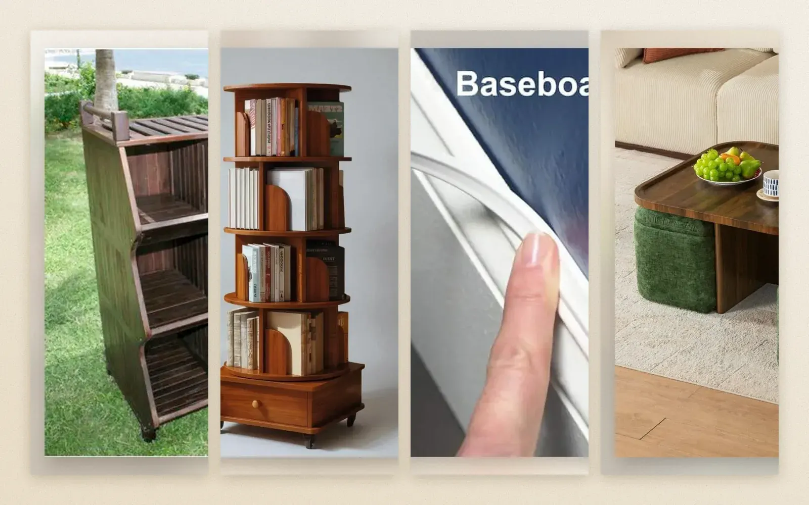 Collage of four home essentials: a wooden plant stand cart, a rotating bookshelf tower, peel and stick baseboard trim, and a nesting coffee table with storage ottomans