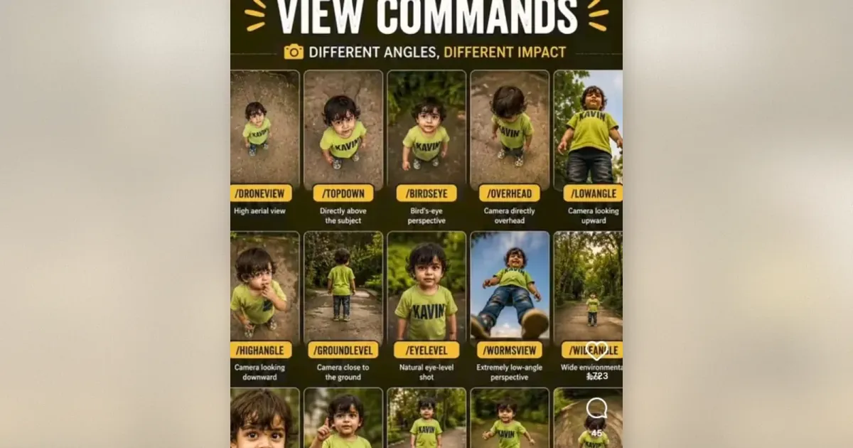 Spickzettel mit zehn Kamera- und Drohnen-View-Commands und Beispielbildern eines Kleinkinds