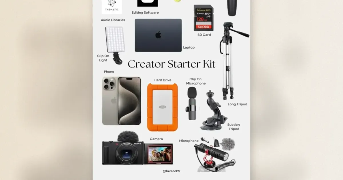 Creator Starter Kit Flat Lay mit Phone, Kamera, Laptop, Stativen, Mikrofonen, Lichtern und Speicher