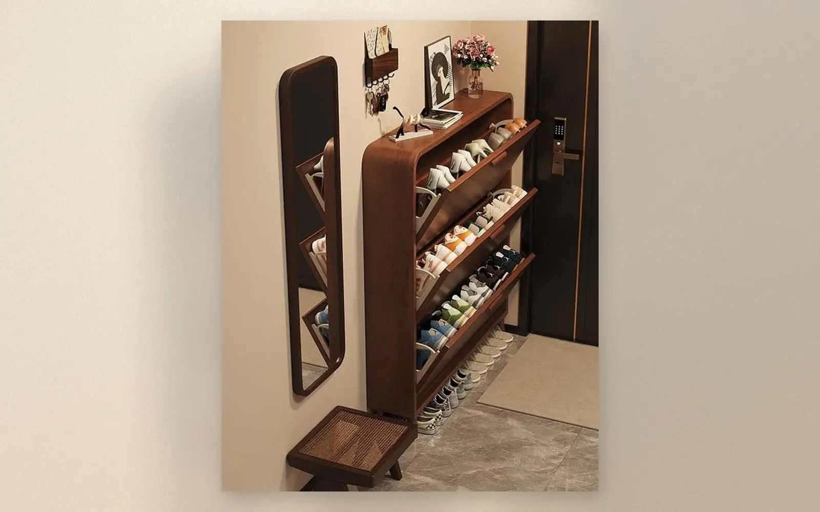 Tall slim walnut shoe cabinet with tilted compartments in entryway