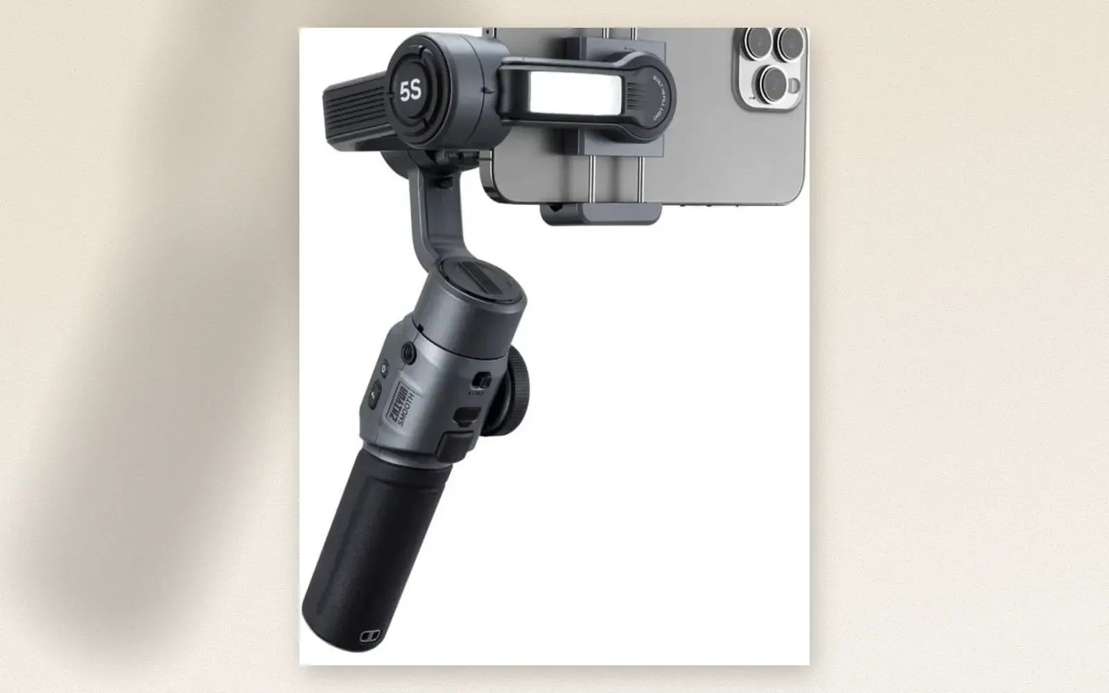 Zhiyun Smooth 5S gimbal holding an iPhone with built-in fill light engaged
