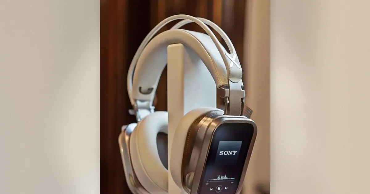Weiße Premium Over-Ear-Kopfhörer auf weißem Podium-Ständer mit Metallplatine präsentiert