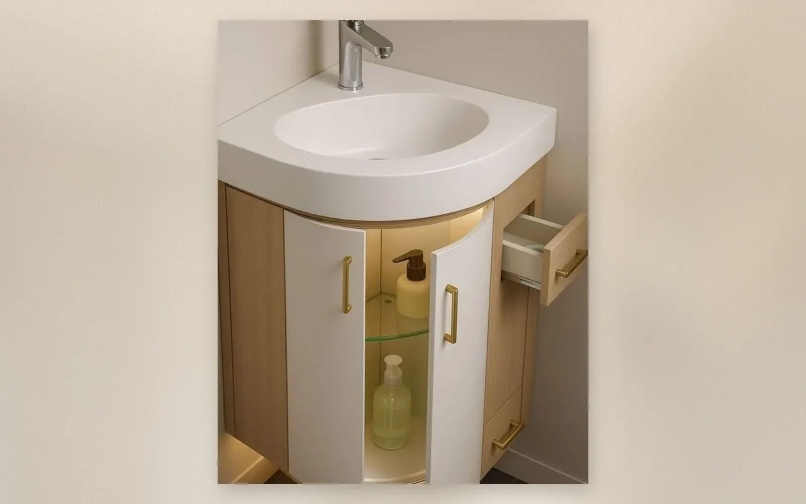 Corner bathroom vanity with curved white doors, gold handles, and LED lighting