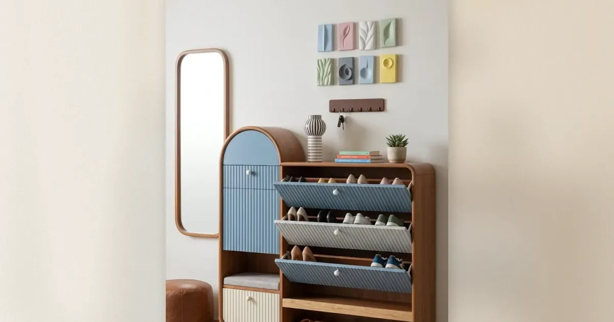 Schuhschrank für den Eingangsbereich mit Kippfachen, blauen Türen, Spiegel und Sitzbank