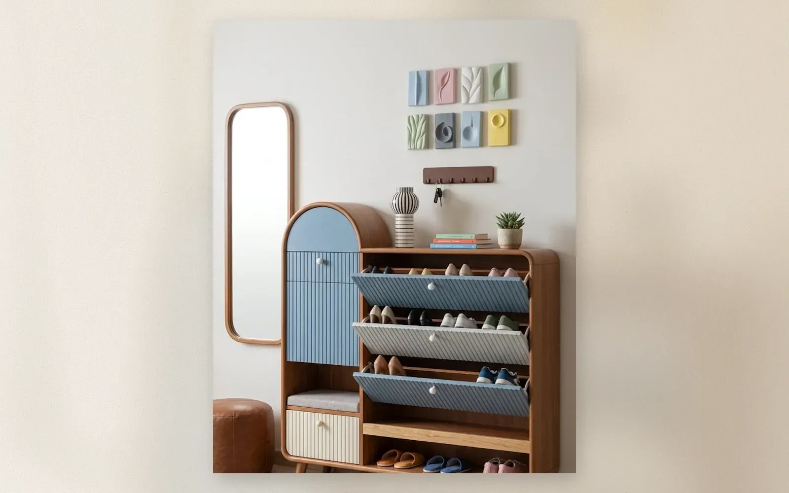 Close-up of the tilted shelves showing how shoes sit at an angle