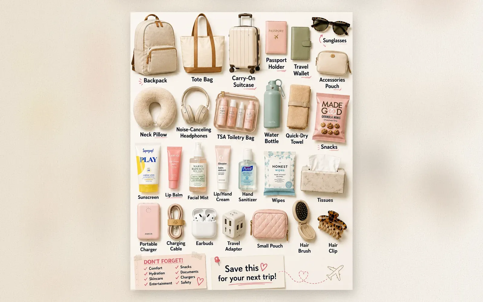 Skincare and toiletry essentials for carry-on travel