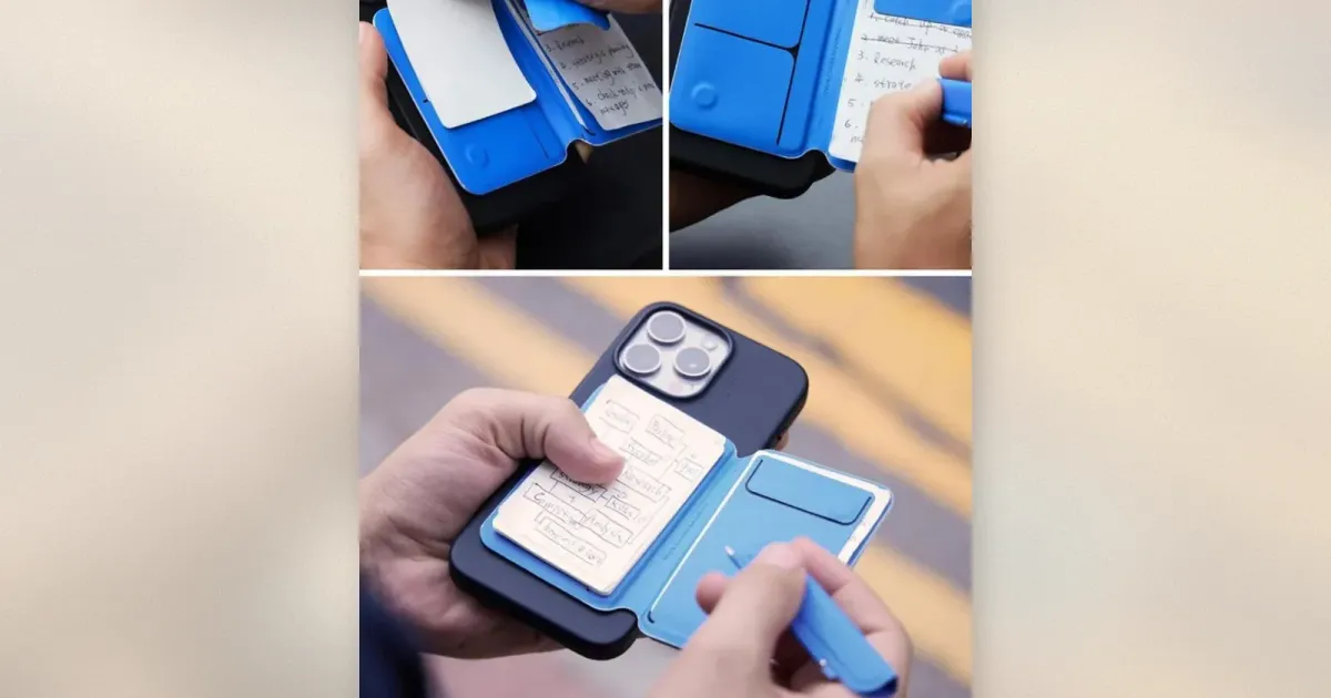 MOFT Snap Flow magnetischer Notizblock-Ständer mit Stift und Notizkarten auf der Rückseite eines iPhones