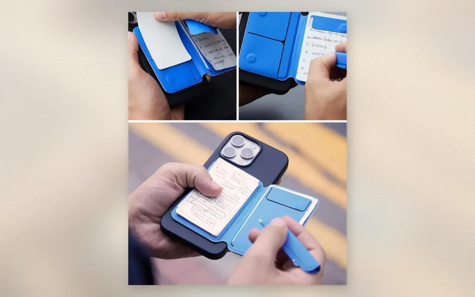 MOFT Snap Flow magnetic notepad stand with pen and note cards attached to the back of an iPhone