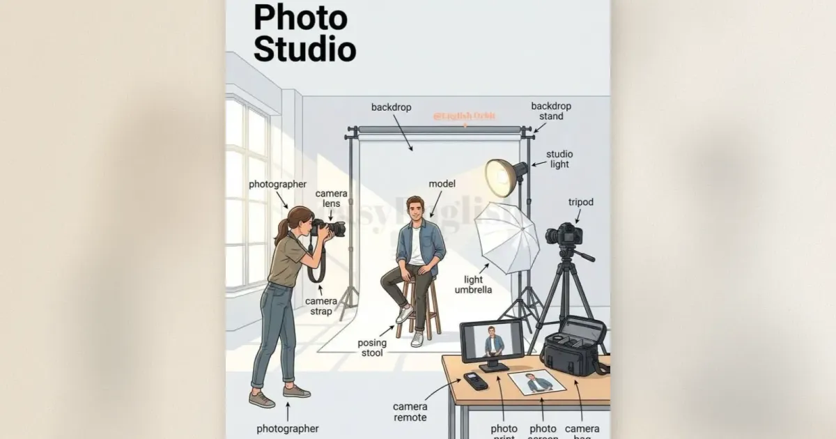 Fotostudio-Setup-Diagramm mit Fotograf, Model auf Posierhocker, Hintergrund, Studiolicht, Schirm, Stativ und Tethering-Tisch
