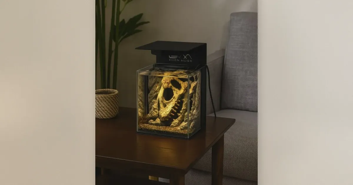 Eden Moss Nano-Aquarium mit schwarzem LED-Deckel auf dunklem Holztisch im Wohnzimmer