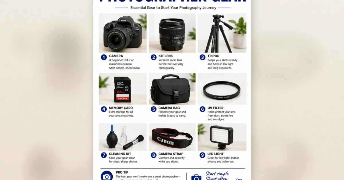 Fotografie-Einsteiger-Ausrüstung Infografik mit 9 Items: Kamera, Objektiv, Stativ, Speicherkarte, Tasche, Filter, Reinigungsset, Gurt und LED-Licht
