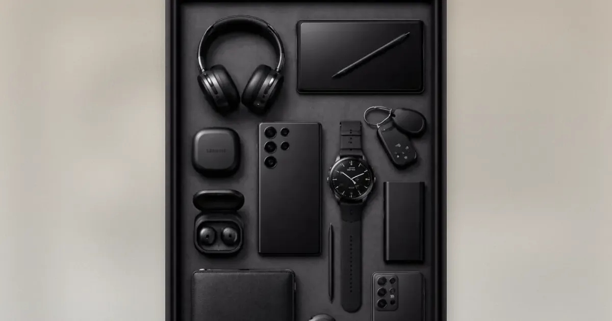 Samsung Galaxy Ökosystem Flat Lay in Schwarz: Watch, Tablet, Phone, Buds, SmartTag Tracker, Ladegerät und Wallet