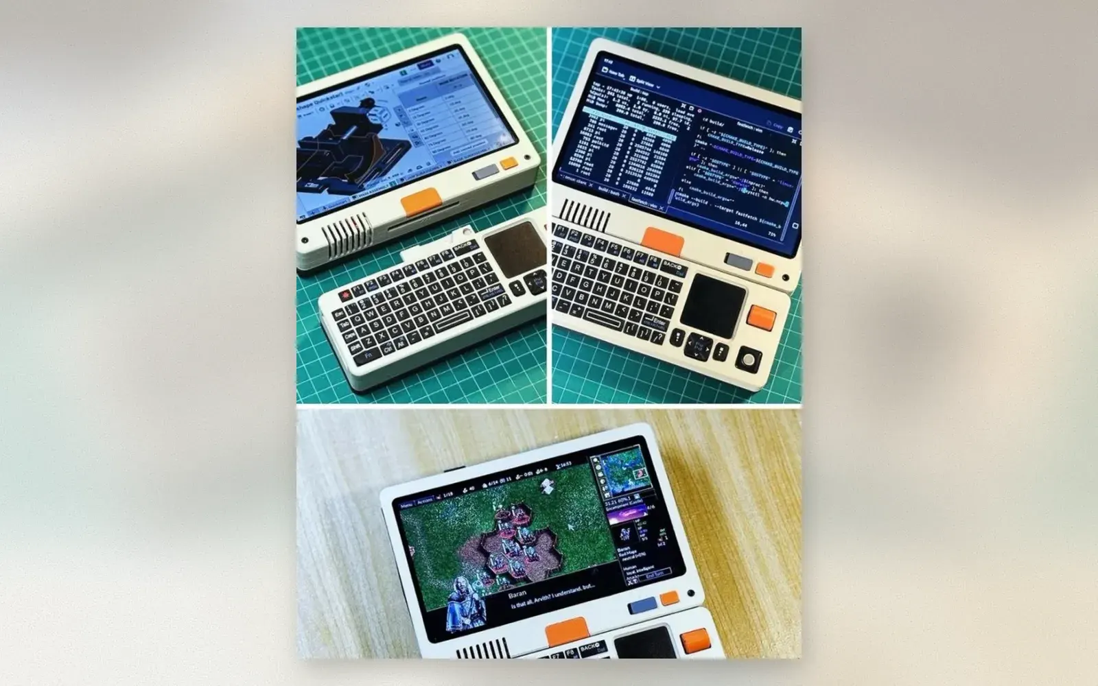 3D-printed cream mini laptop with touchscreen, keyboard, and trackpad running Linux and Baldur's Gate