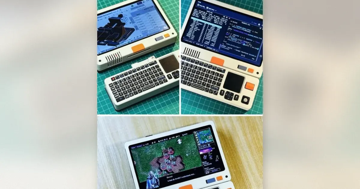 3D-gedruckter creme-farbener Mini-Laptop mit Touchscreen, Tastatur und Trackpad, läuft Linux und Baldur's Gate