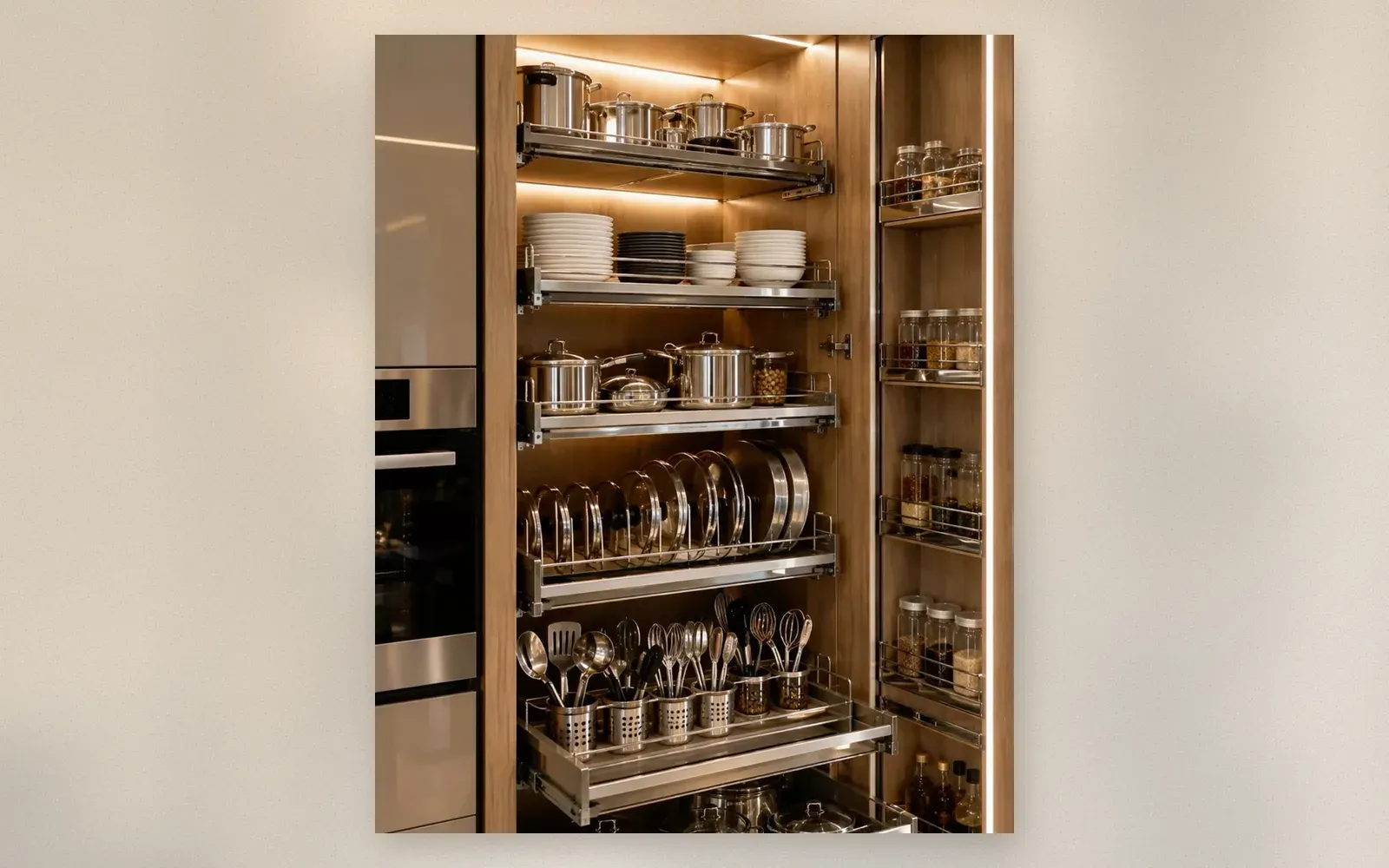 Close-up of the door-mounted spice racks and LED lighting