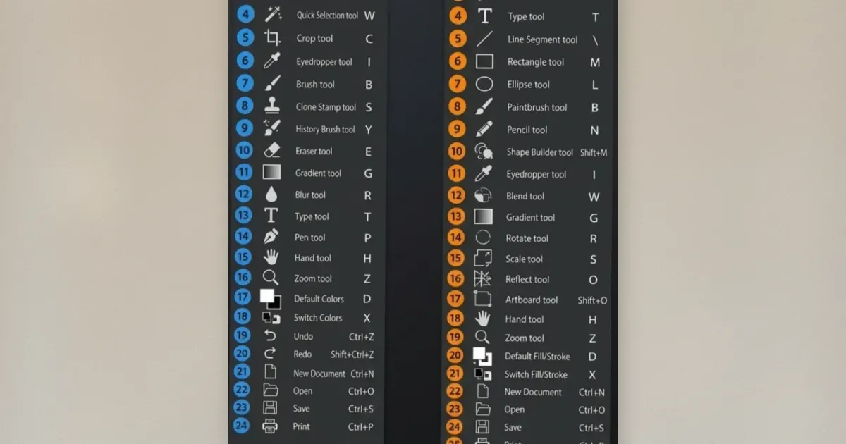Photoshop CC und Illustrator Icons mit Tastenkombinationen-Vergleichschart