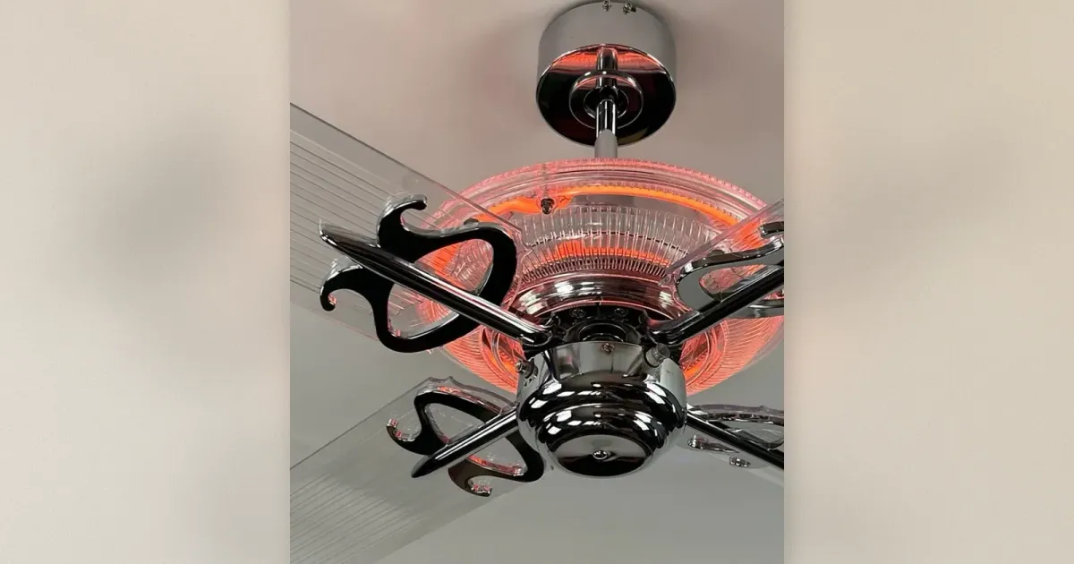 Deckenventilator mit Heizung: Chrom-Gerät mit transparenten Flügeln und Infrarotheizung