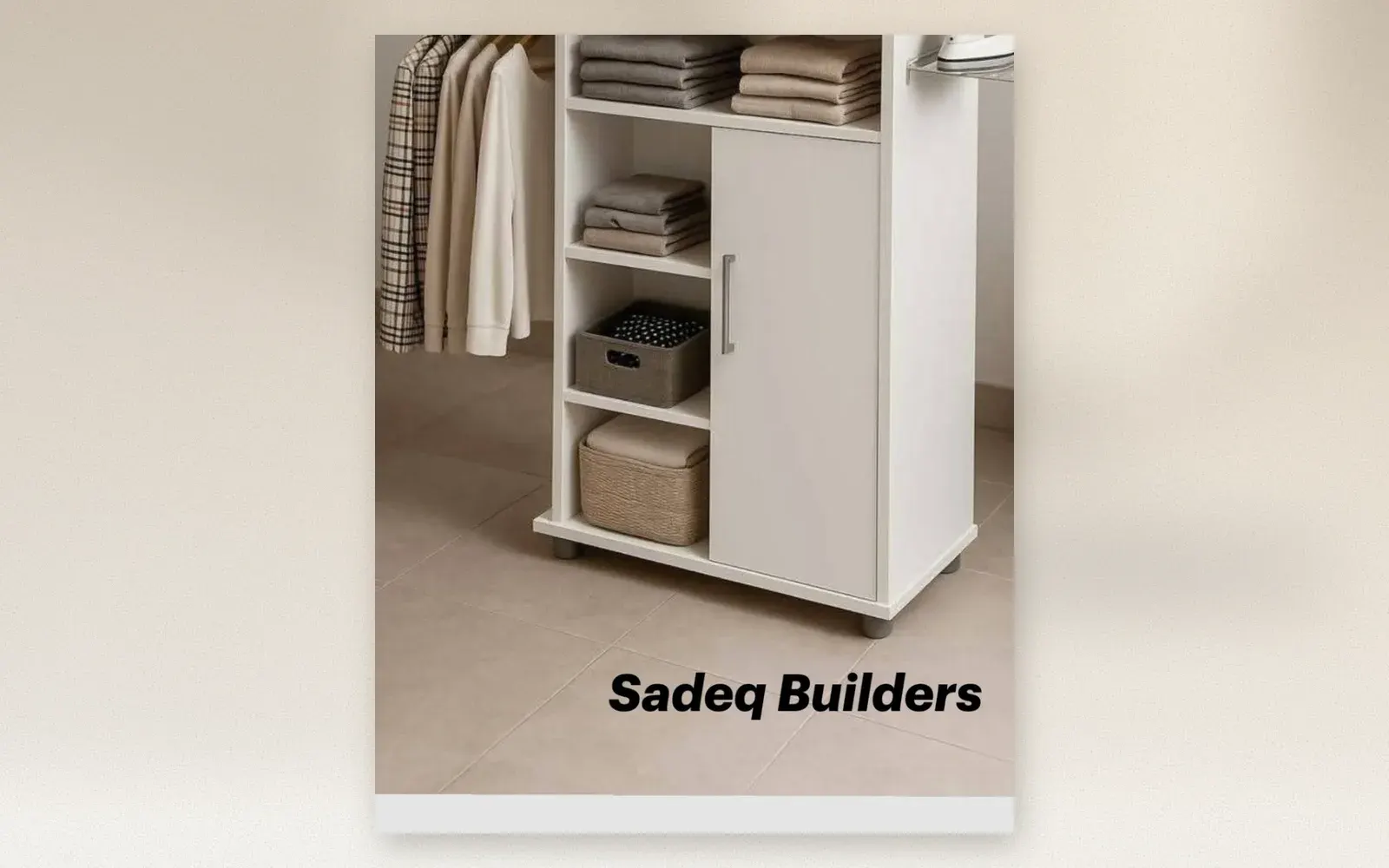 Ironing board storage cabinet with shelves, hanging rail, and iron holder