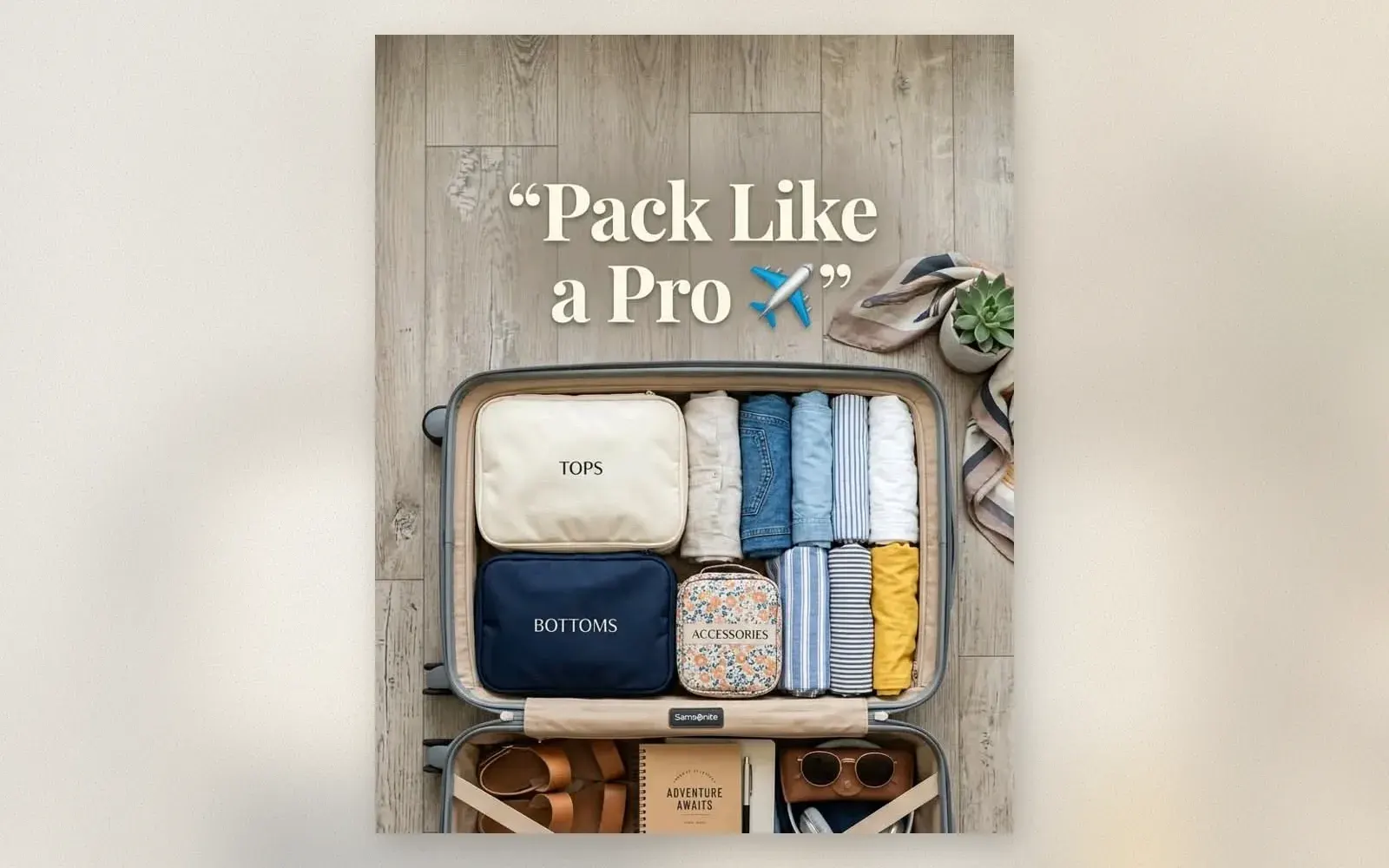 Packing cubes travel organizer — labeled cubes in Samsonite suitcase