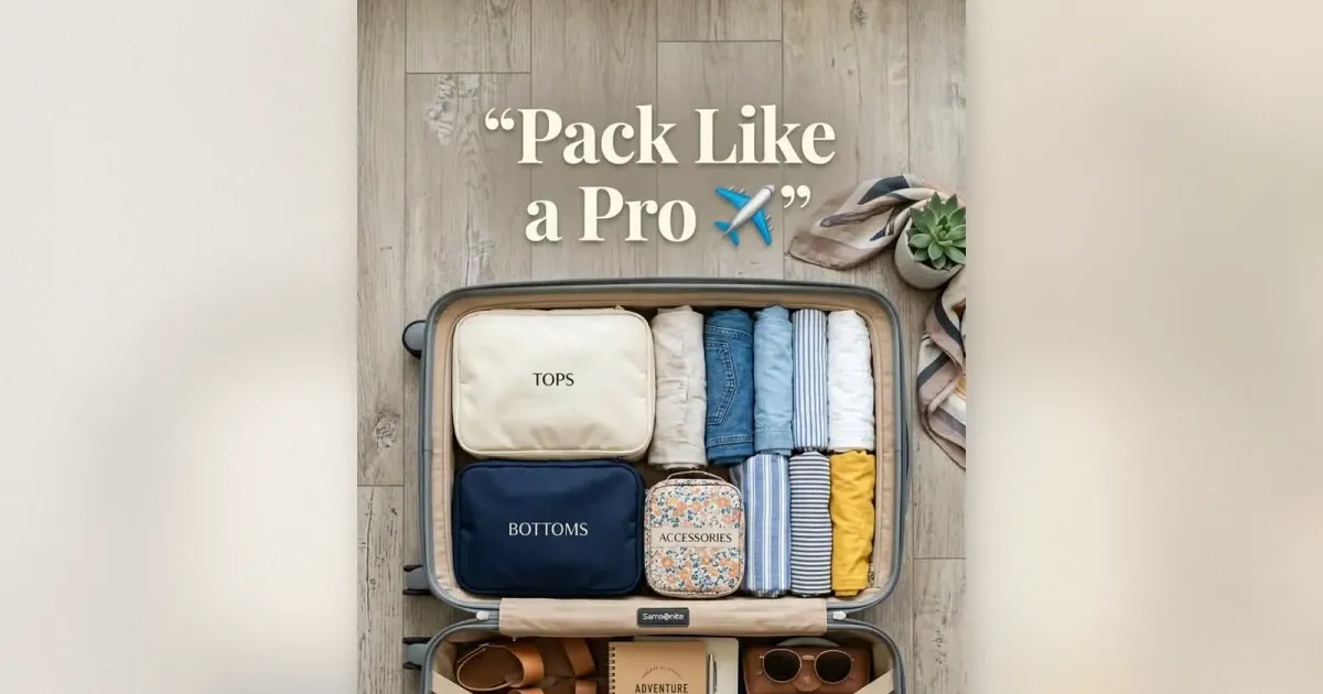 Packwürfel-Reiseorganizer, beschriftete Würfel im Samsonite-Koffer