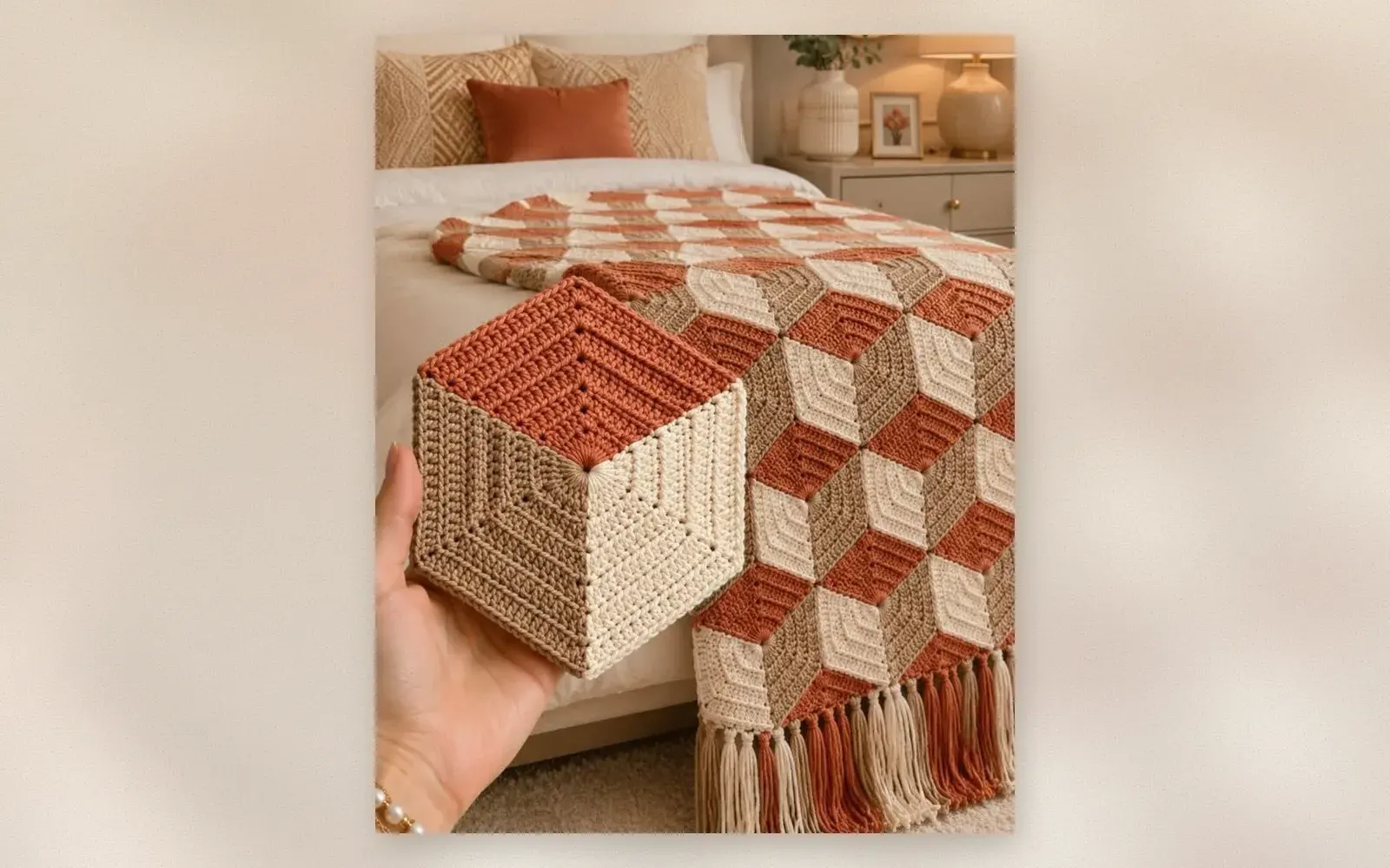 Crochet 3D cube throw blanket with geometric tumbling blocks pattern