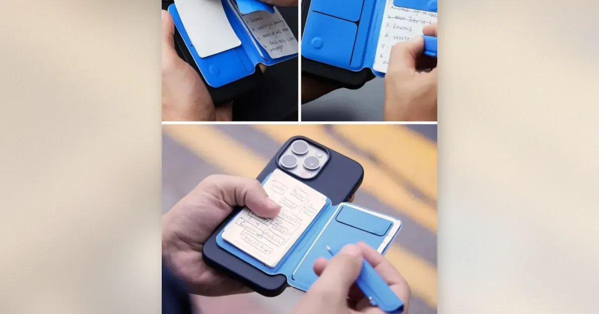 Blaues MagSafe Mini-Notizbuch aufgeklappt auf der Rückseite eines iPhone mit handschriftlicher Checkliste und Mini-Stift