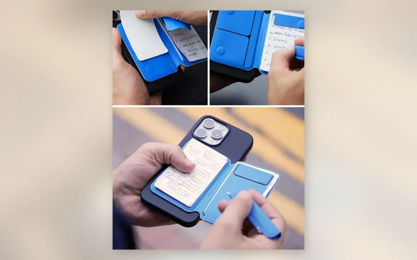 Blue MagSafe mini notebook flipped open on the back of an iPhone with handwritten checklist and mini pen