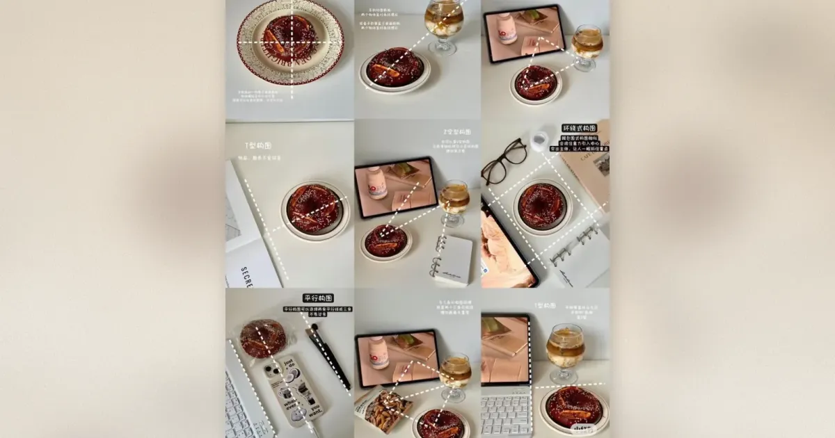 Essen-Fotografie Flat-Lay-Komposition mit 7 verschiedenen Anordnungen von Kuchen, Getränken und Requisiten