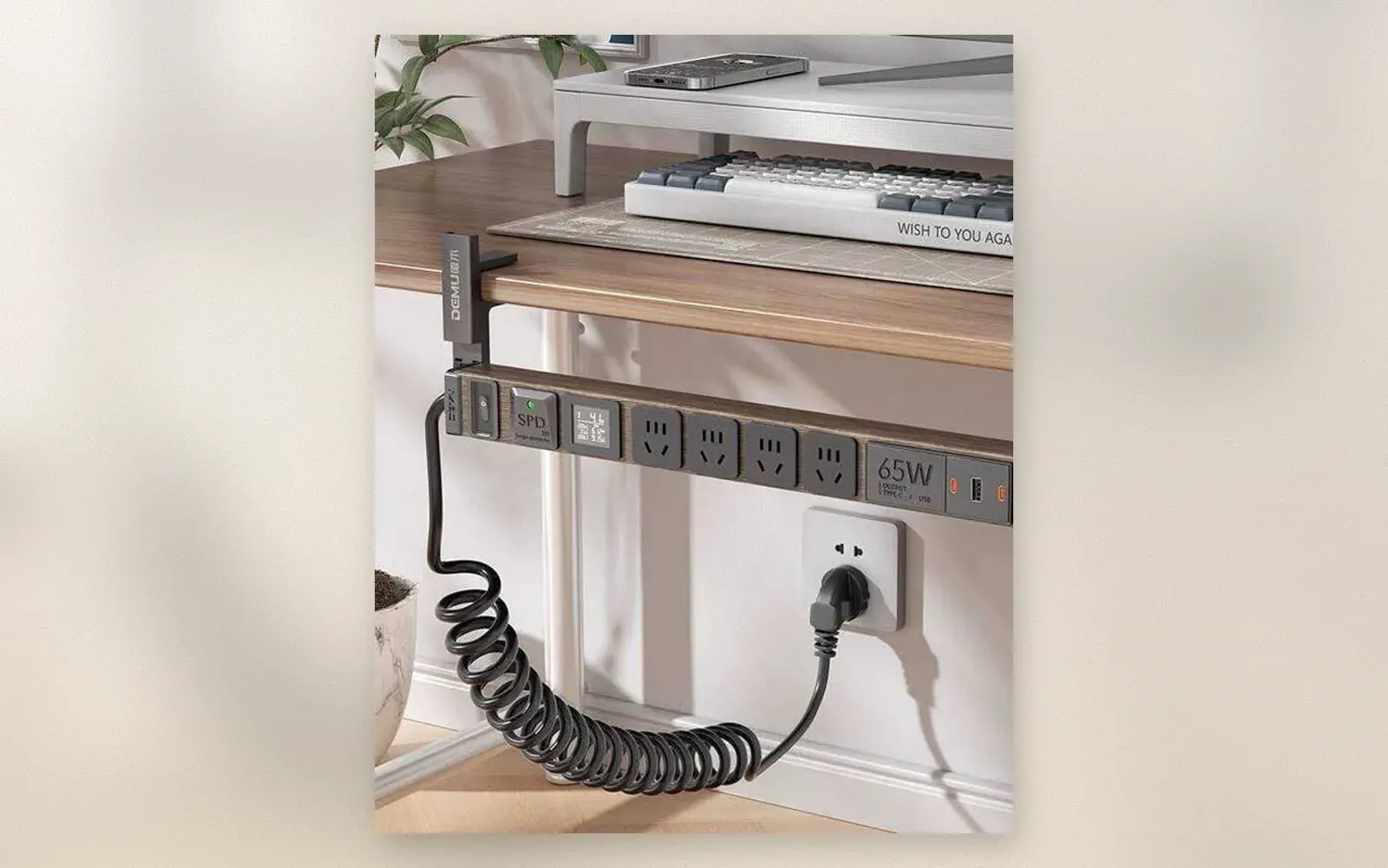 Desk clamp power strip with 65W USB-C fast charging mounted under a desk