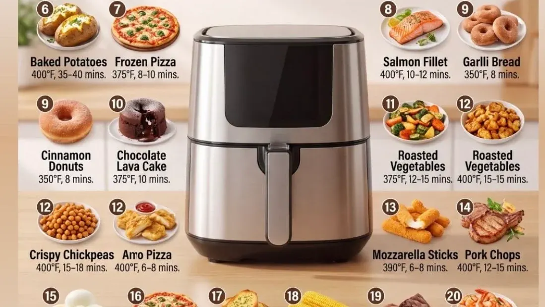 Stainless steel air fryer with a chart of 20 foods, times, and temperatures