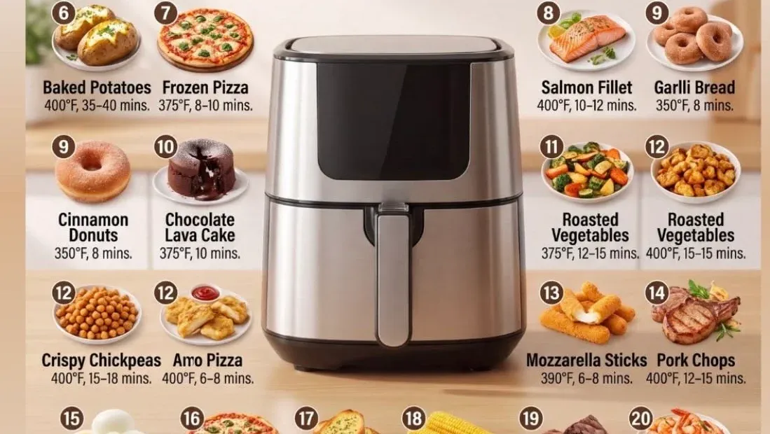 Airfryer aus Edelstahl mit einer Übersicht zu 20 Gerichten, Zeiten und Temperaturen
